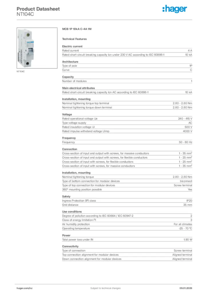 Image Hager Product data sheet NT104C  | Hager New Zealand