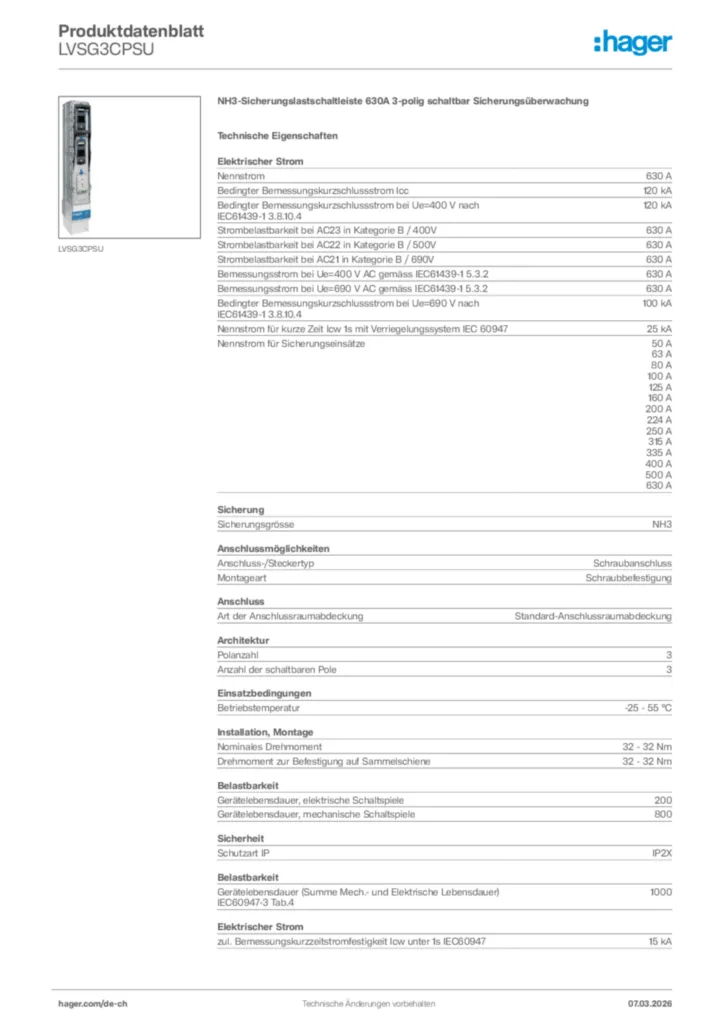 Bild Hager Produktdatenblatt LVSG3CPSU | Hager Schweiz