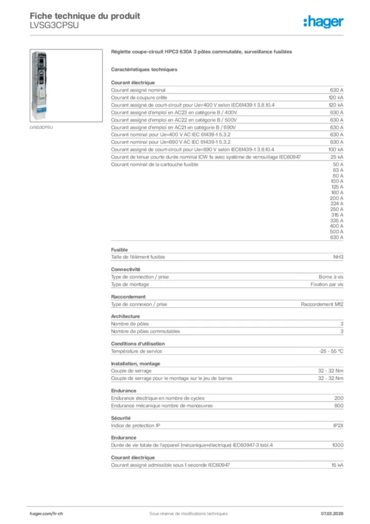 Image Hager Fiche technique du produit LVSG3CPSU | Hager Suisse