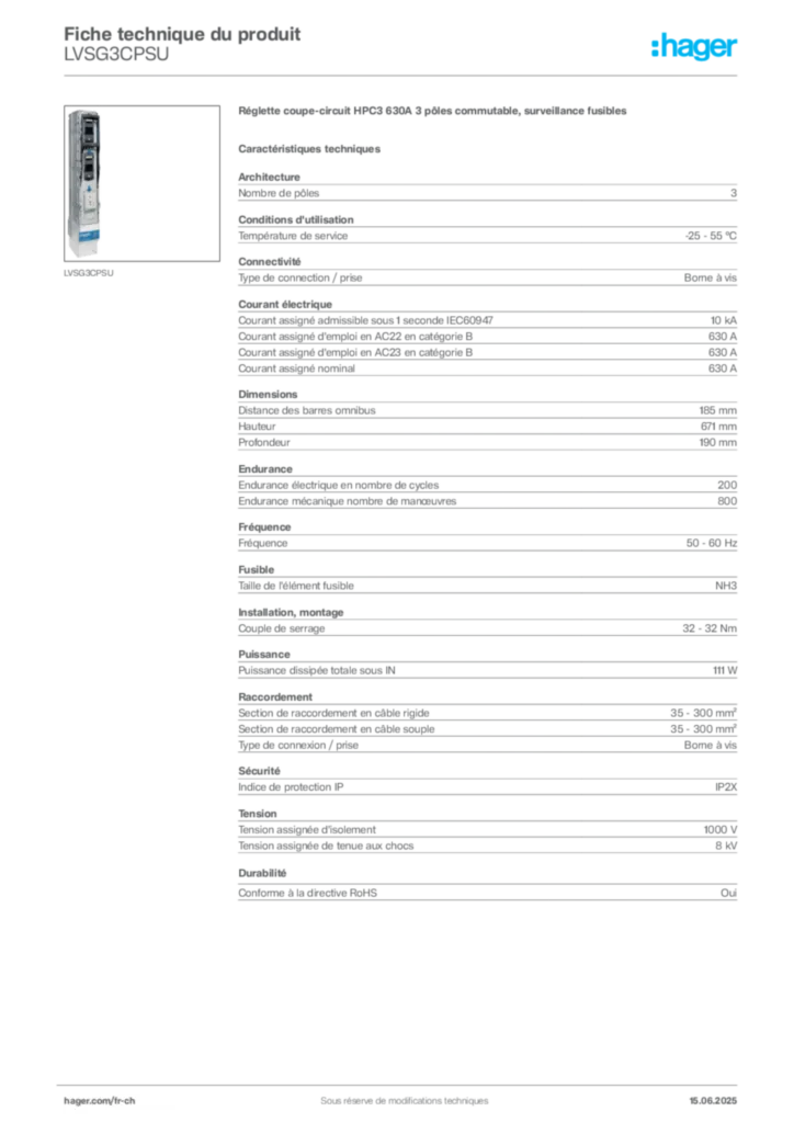 Image Hager Fiche technique du produit LVSG3CPSU | Hager Suisse