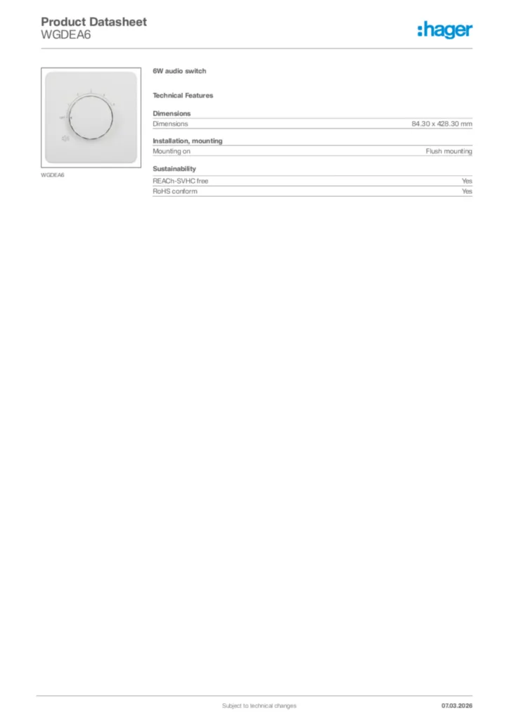 Image Hager Product data sheet WGDEA6  | Hager Africa