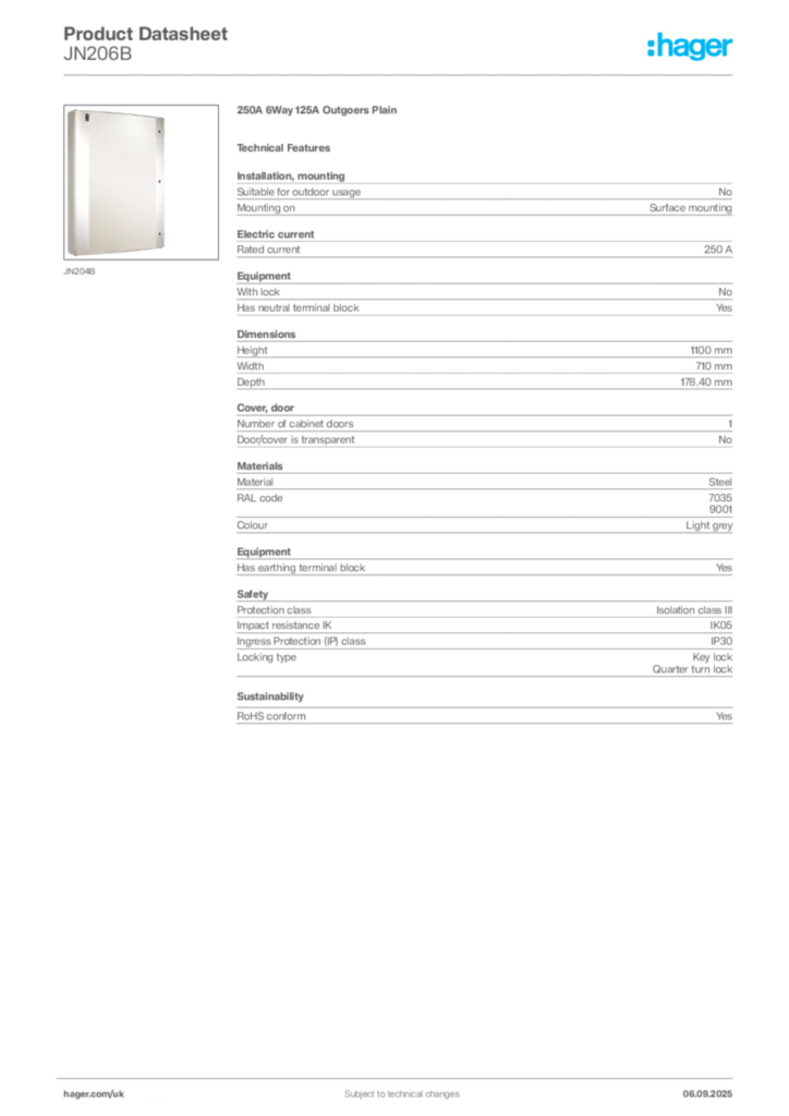 Image Hager Product data sheet JN206B  | Hager