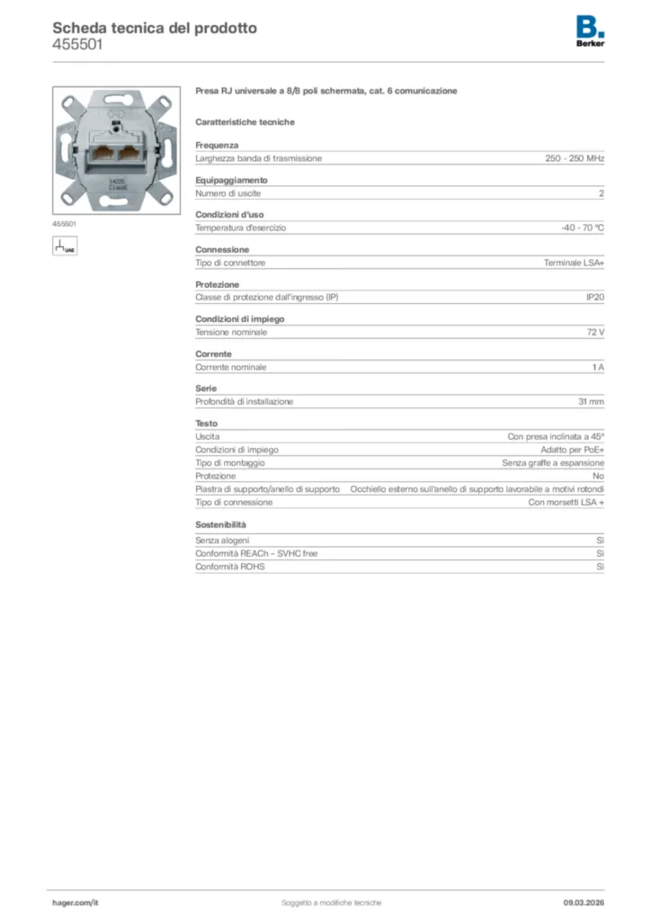 Immagine Berker Scheda tecnica del prodotto 455501 | Hager Italia