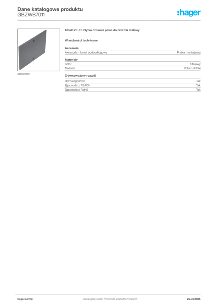 Zdjęcie Hager Karta katalogowa GBZWB7011 | Hager Polska