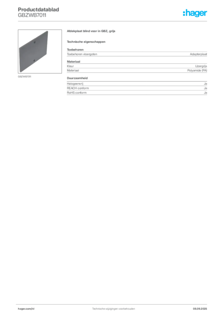 Afbeelding Hager Productdatablad GBZWB7011 | Hager Nederland