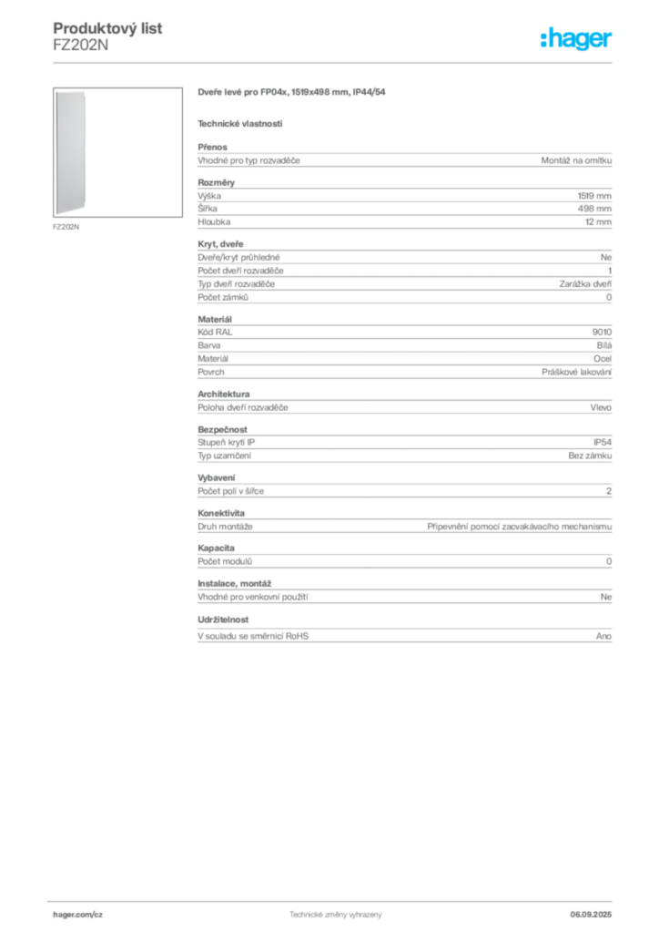 Obrázek Hager Produktový list FZ202N | Hager