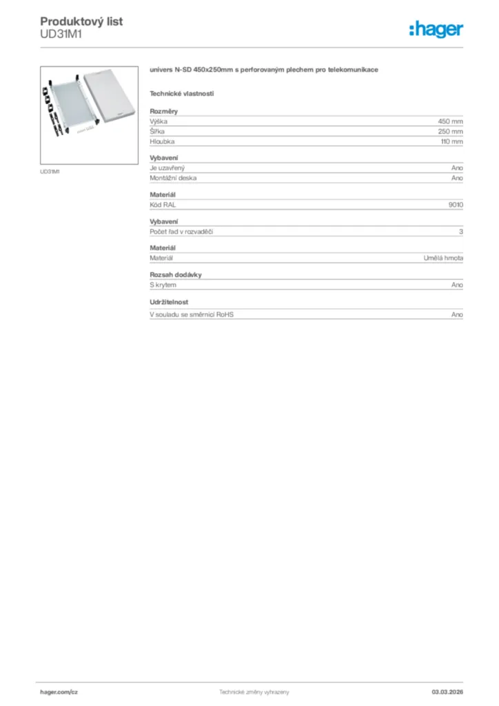 Obrázek Hager Product data sheet UD31M1 | Hager