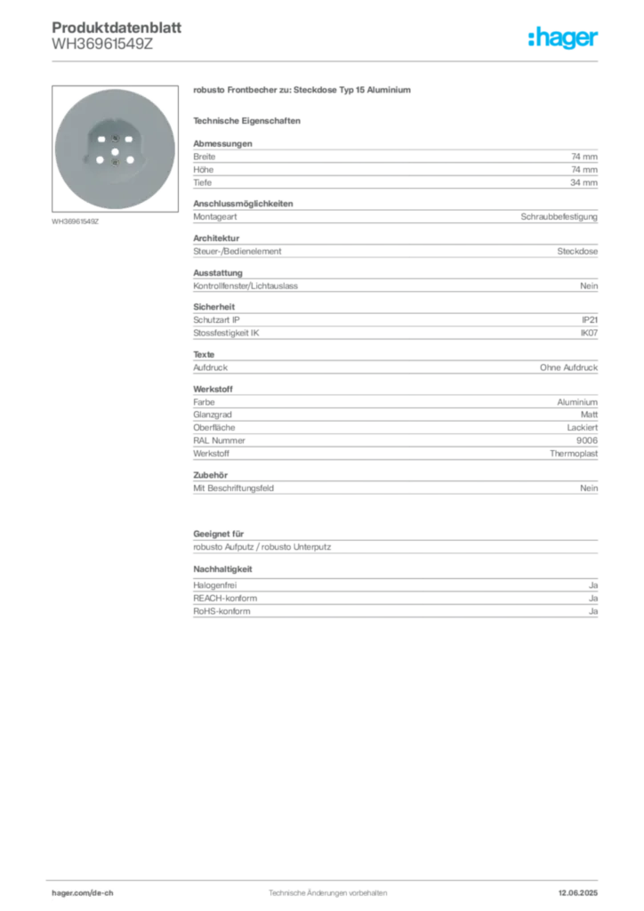 Bild Hager Produktdatenblatt WH36961549Z | Hager Schweiz