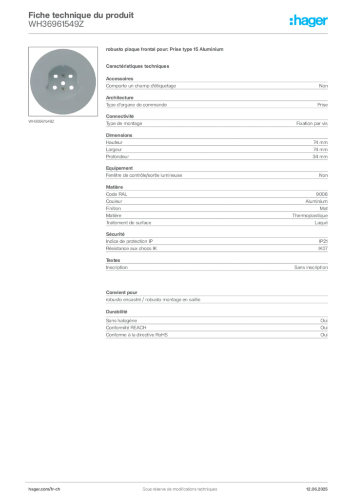 Image Hager Fiche technique du produit WH36961549Z | Hager Suisse