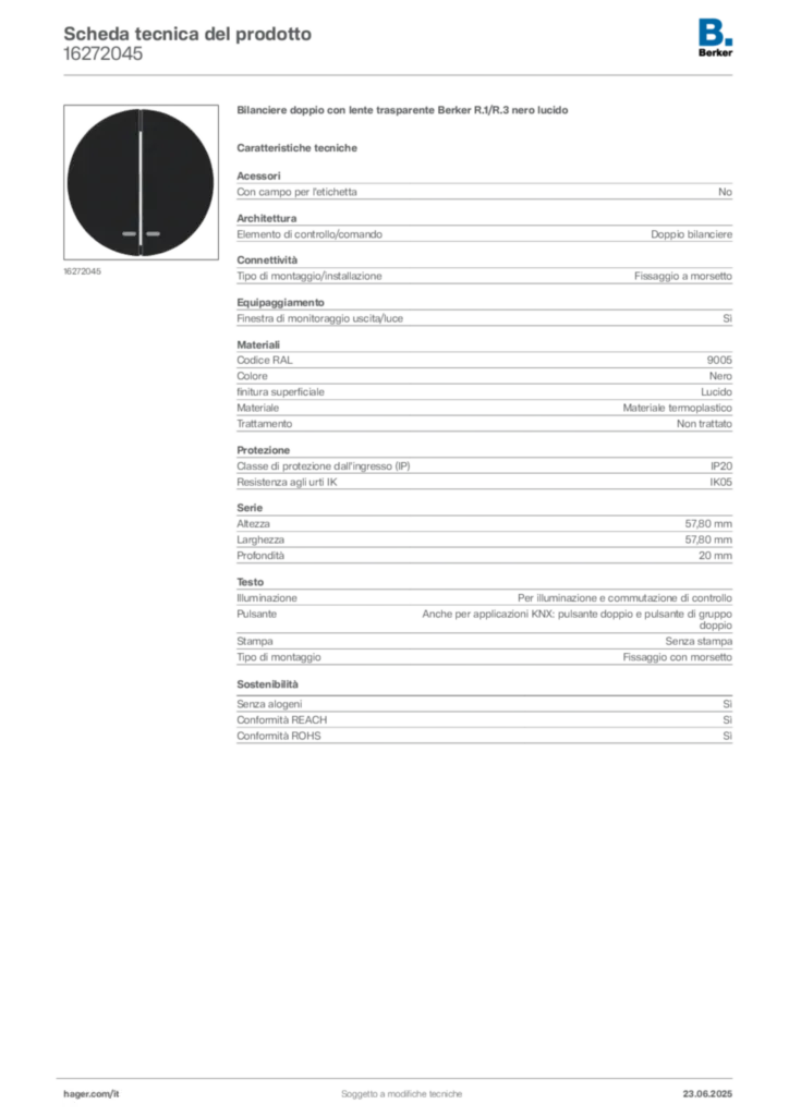 Immagine Berker Scheda tecnica del prodotto 16272045 | Hager Italia
