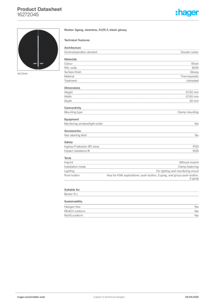 Image Hager Product data sheet 16272045  | Hager