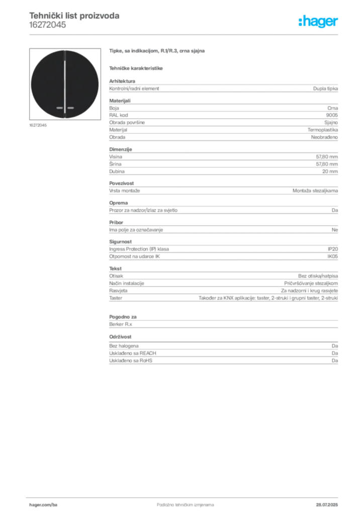Slika Hager Product data sheet 16272045  | Hager