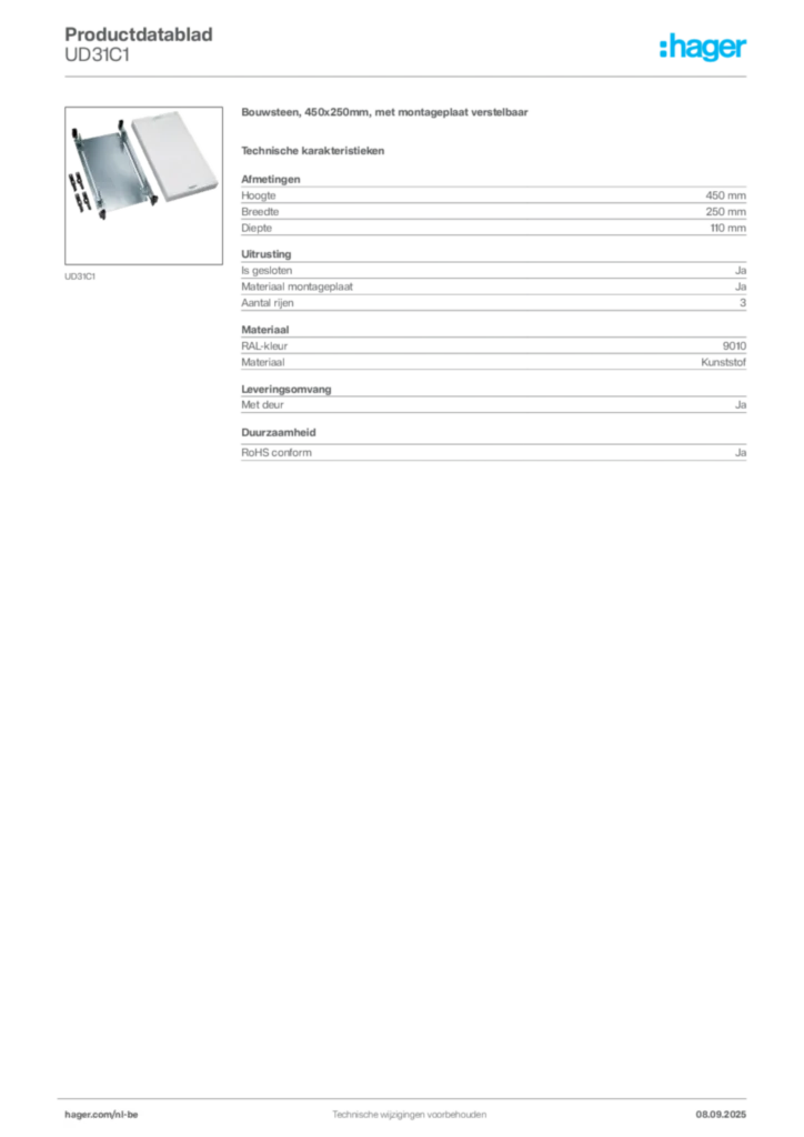 Afbeelding Hager Productdatablad UD31C1 | Hager Belgium