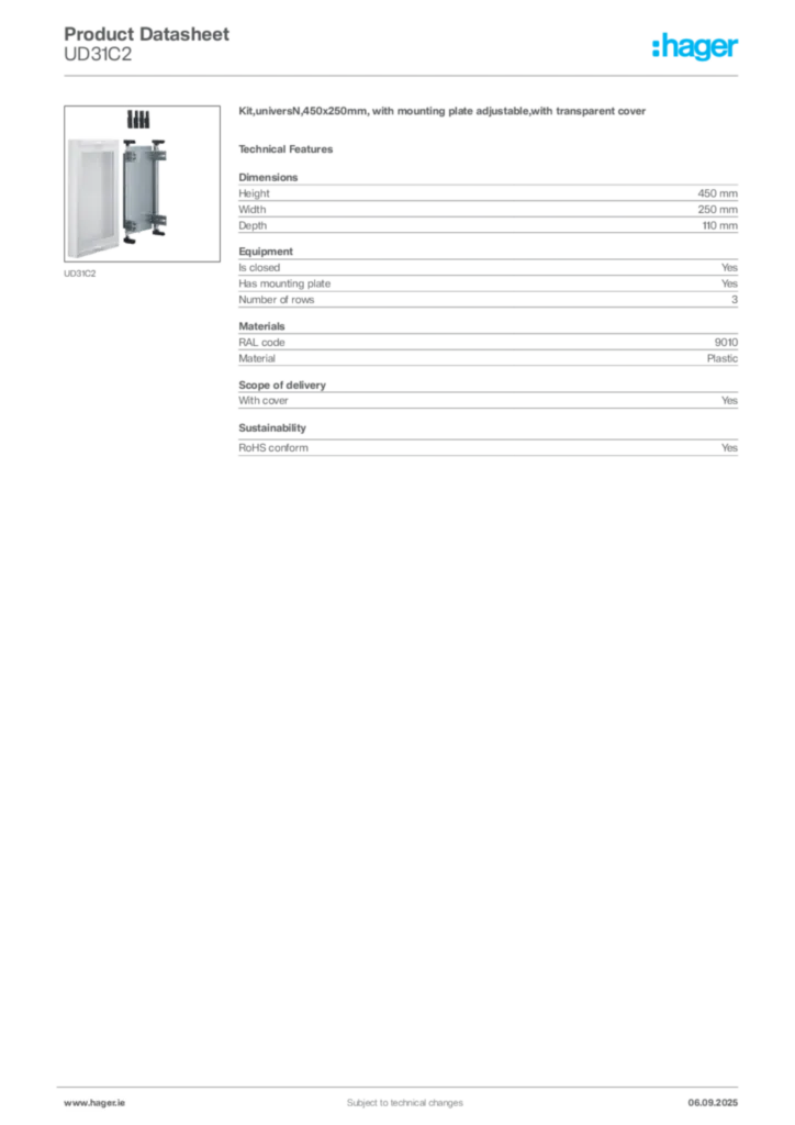 Image Hager Product data sheet UD31C2  | Hager