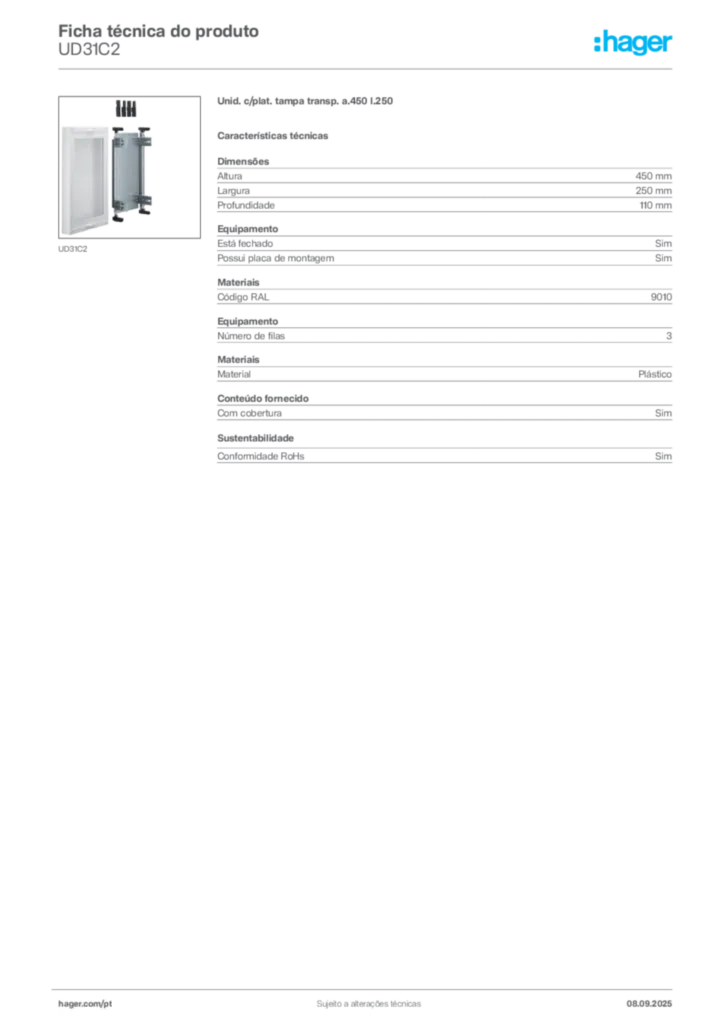 Imagem Hager Ficha técnica do produto UD31C2 | Hager Portugal