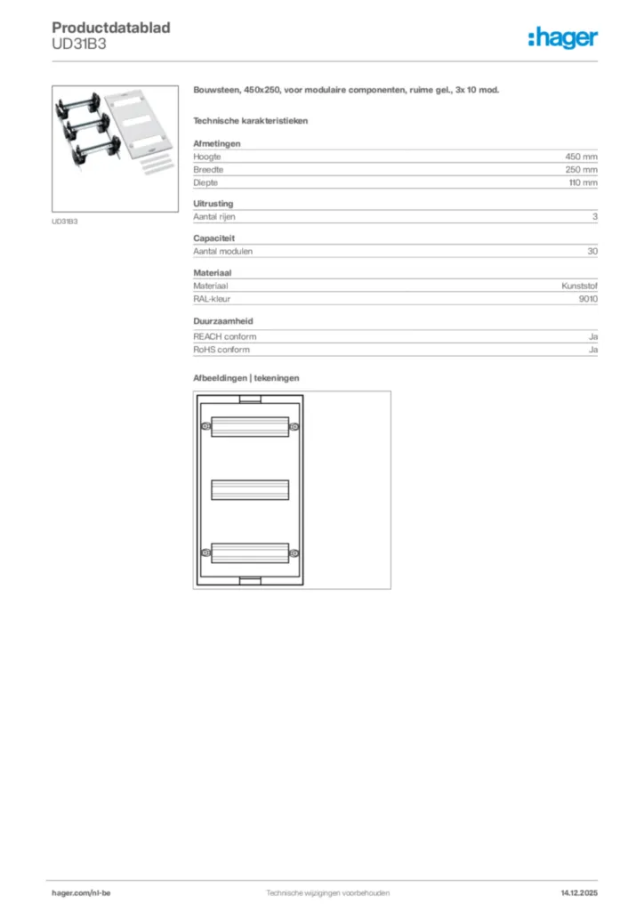 Afbeelding Hager Productdatablad UD31B3 | Hager Belgium