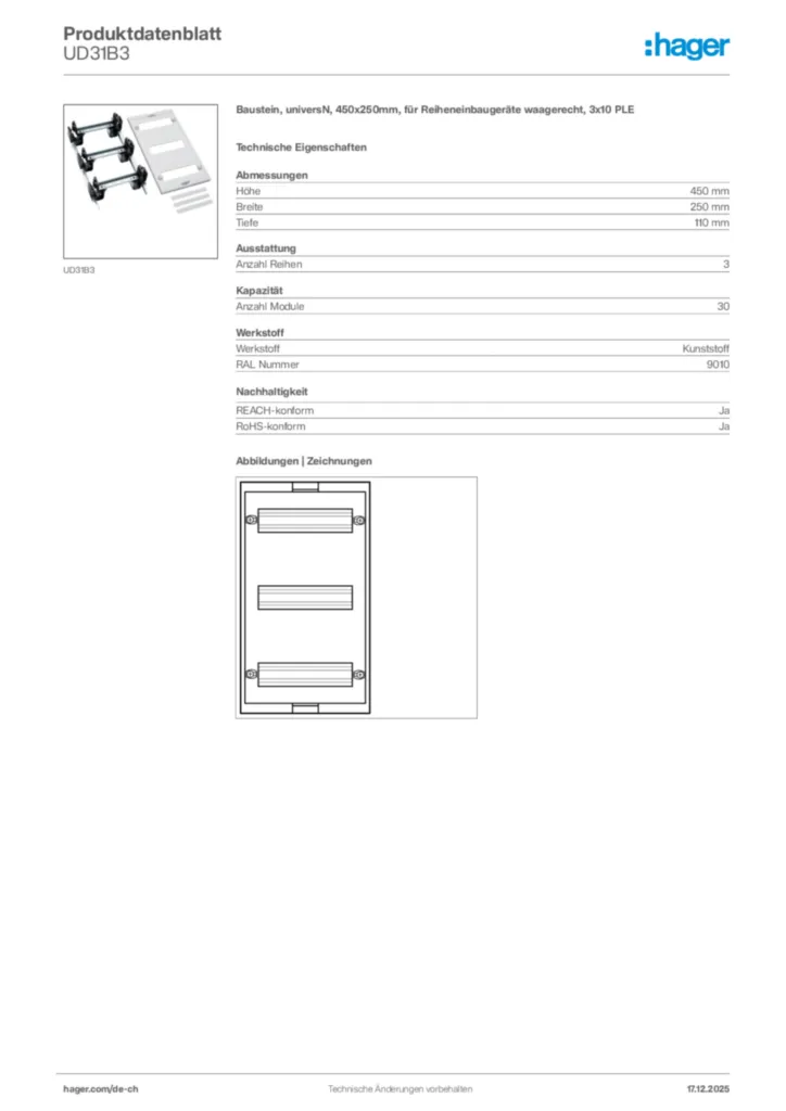 Bild Hager Produktdatenblatt UD31B3 | Hager Schweiz