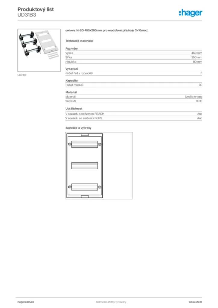 Obrázek Hager Product data sheet UD31B3 | Hager