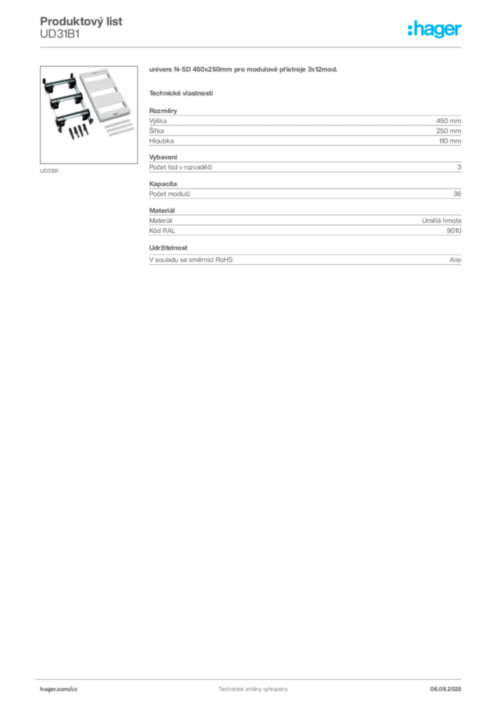 Obrázek Hager Produktový list UD31B1 | Hager
