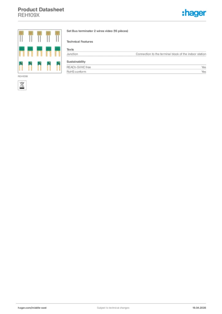 Image Hager Product data sheet REH109X  | Hager