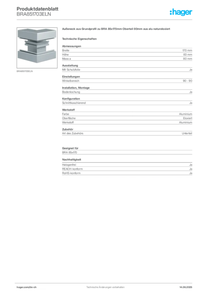 Bild Hager Produktdatenblatt BRA851703ELN | Hager Schweiz