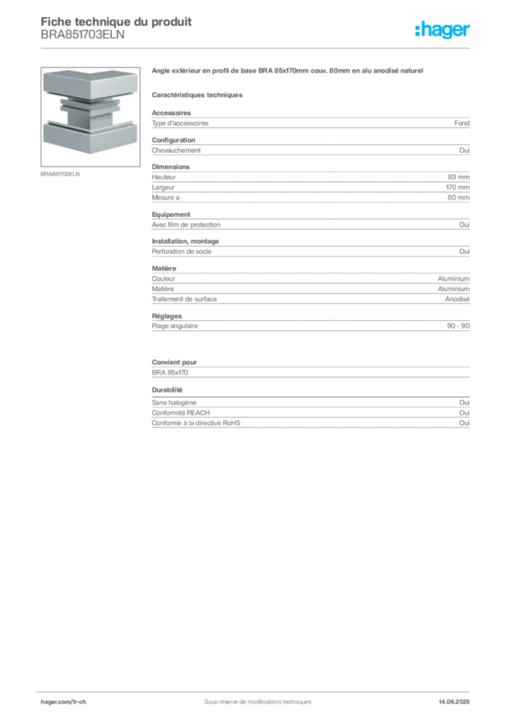 Image Hager Fiche technique du produit BRA851703ELN | Hager Suisse