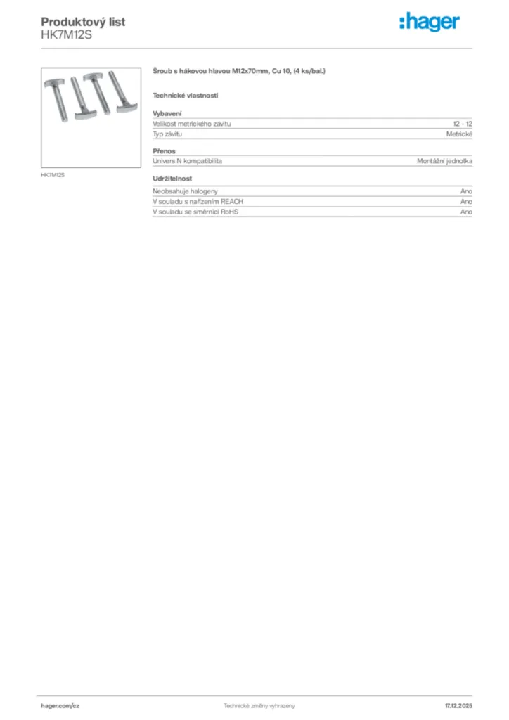 Obrázek Hager Produktový list HK7M12S | Hager