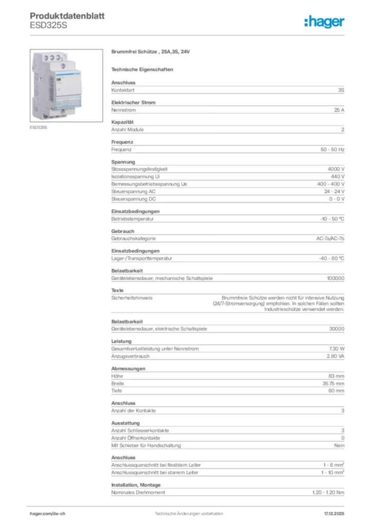 Bild Hager Produktdatenblatt ESD325S | Hager Schweiz