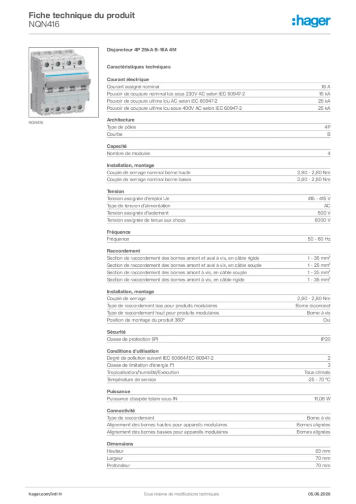 Image Hager Fiche technique du produit NQN416 | Hager Afrique