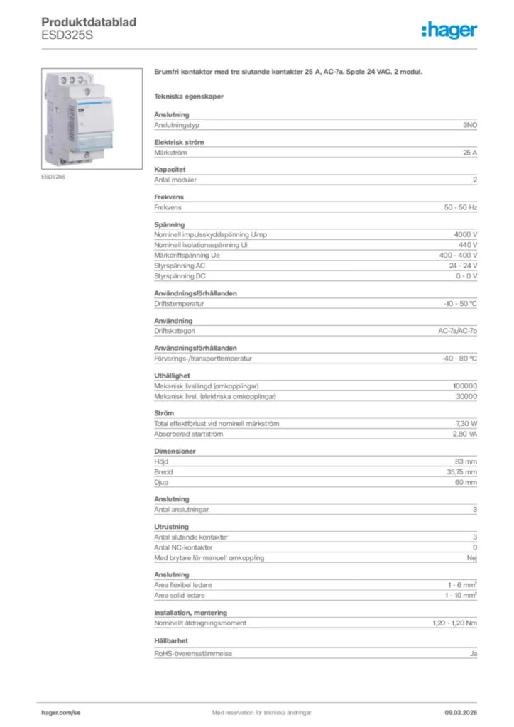 Bild Hager Produktdatablad ESD325S | Hager Sverige