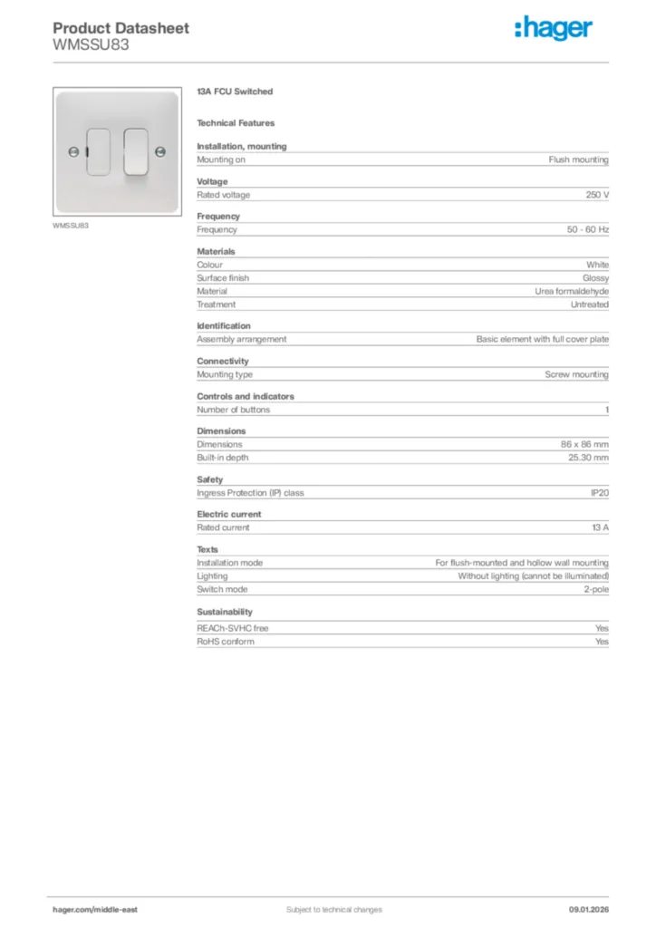 Image Hager Product data sheet WMSSU83  | Hager