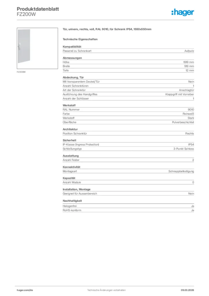Bild Hager Produktdatenblatt FZ200W | Hager Deutschland