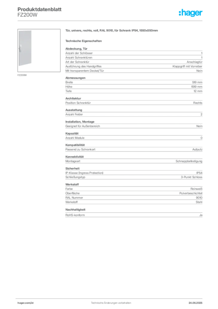 Bild Hager Produktdatenblatt FZ200W | Hager Deutschland