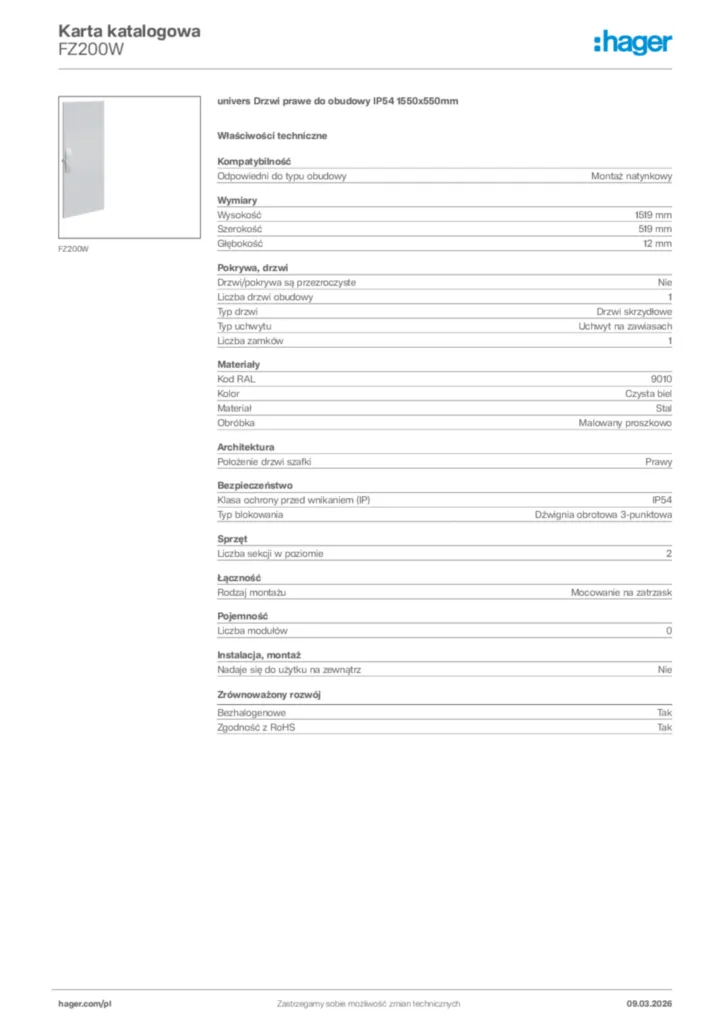 Zdjęcie Hager Karta katalogowa FZ200W | Hager Polska