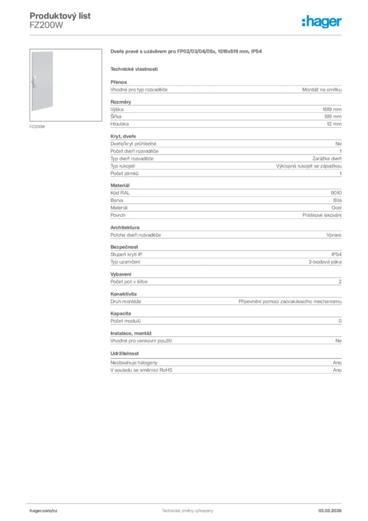 Obrázek Hager Product data sheet FZ200W | Hager