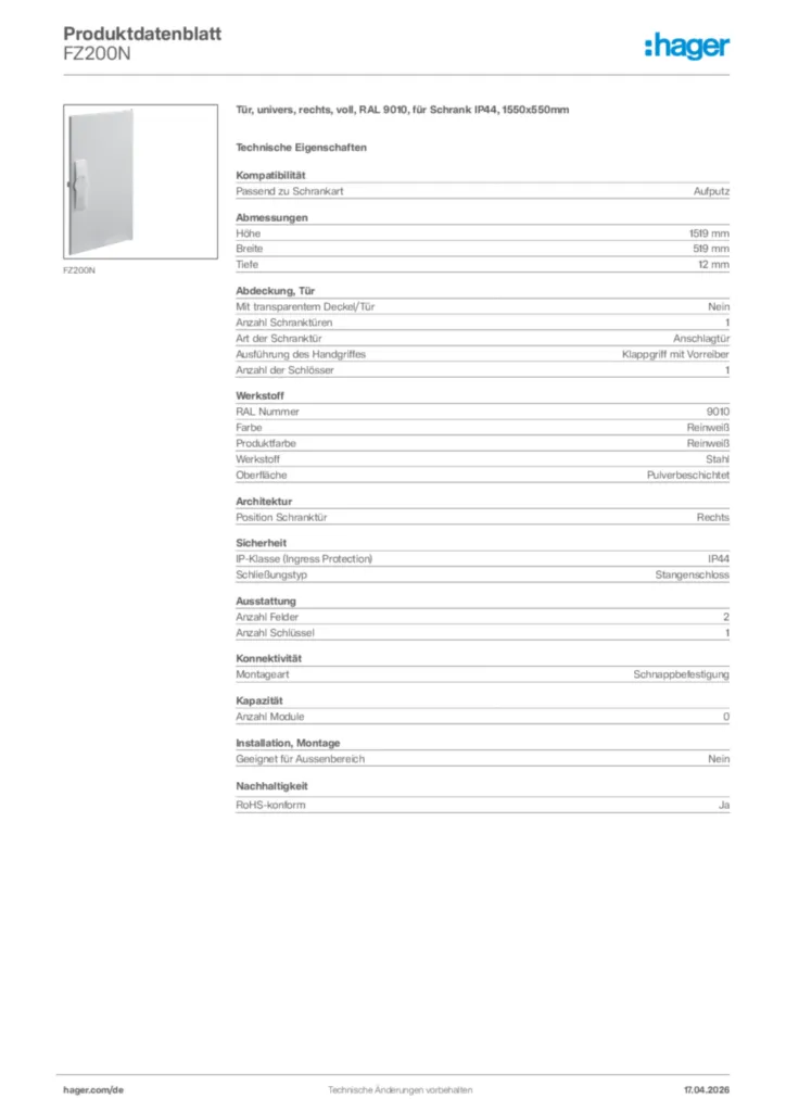 Bild Hager Produktdatenblatt FZ200N | Hager Deutschland