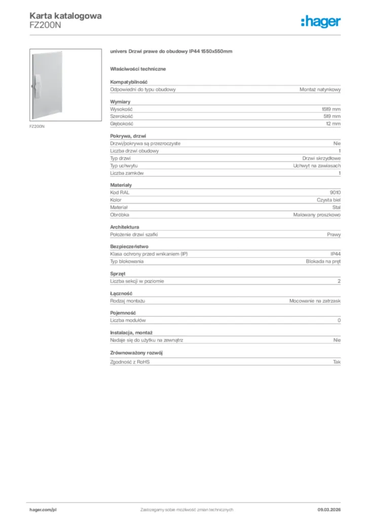 Zdjęcie Hager Karta katalogowa FZ200N | Hager Polska