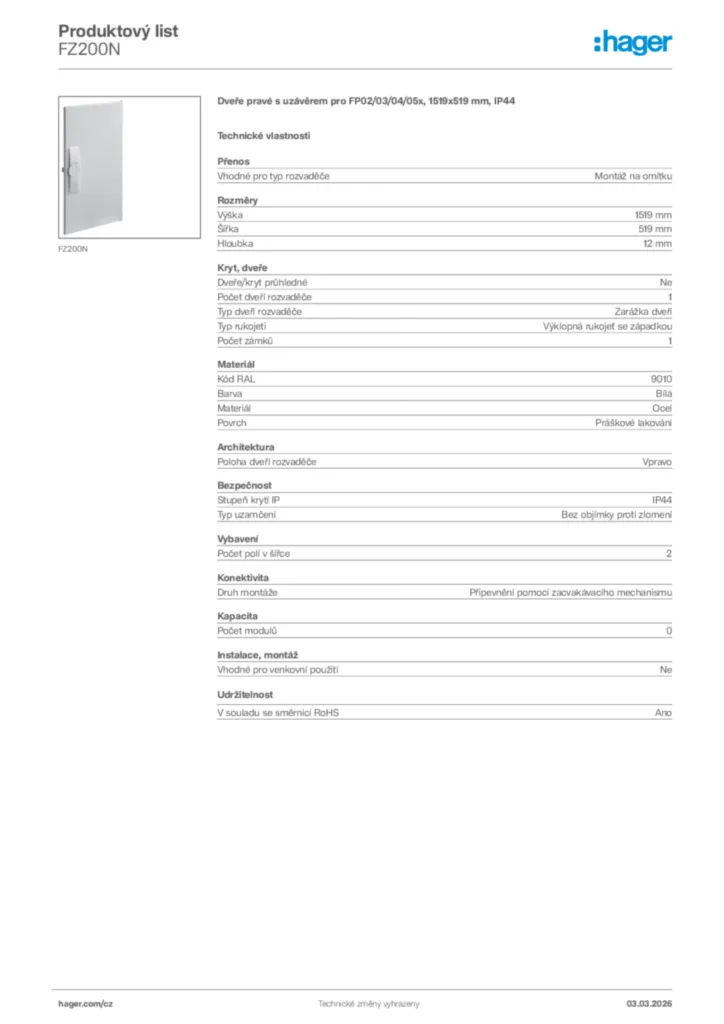 Obrázek Hager Product data sheet FZ200N | Hager