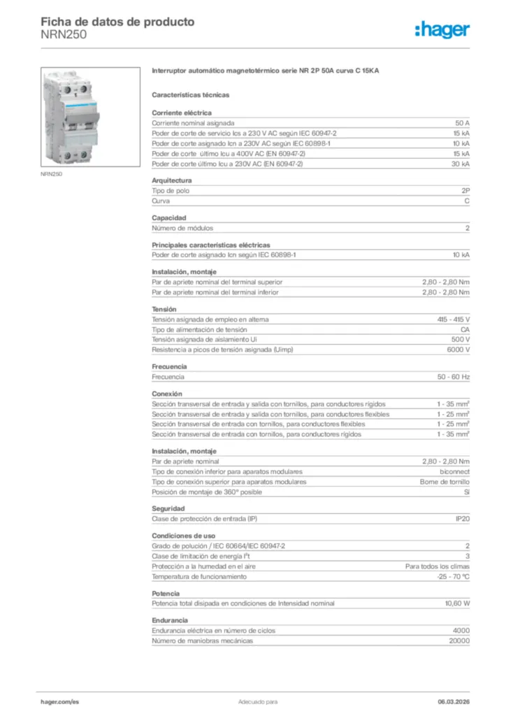 Imagen Hager Ficha de datos de producto NRN250 | Hager España