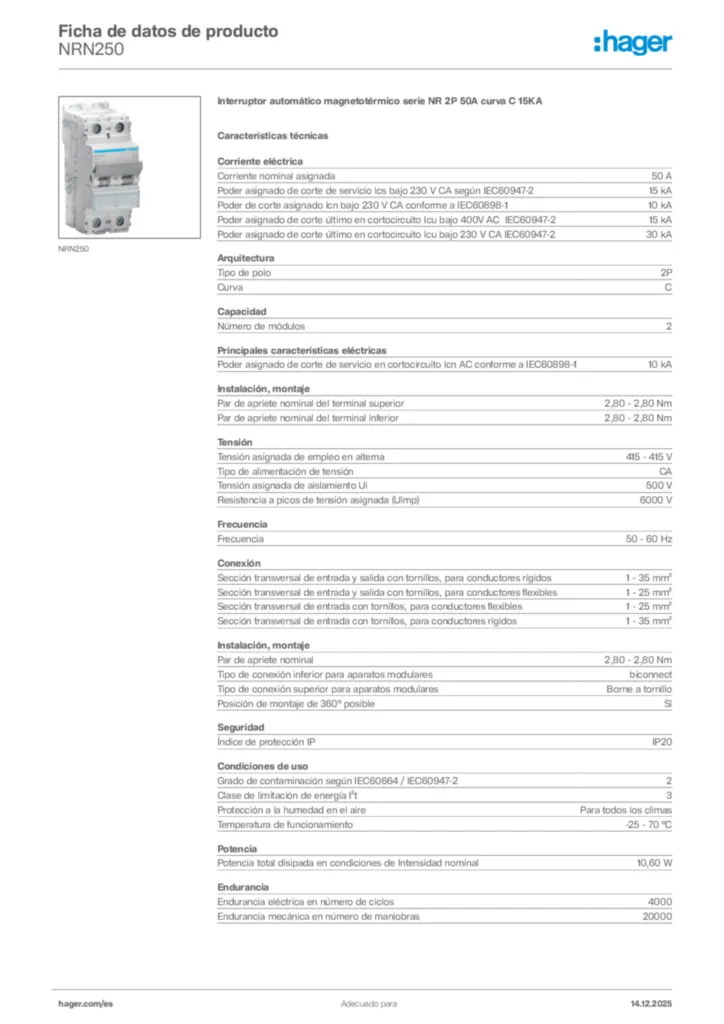 Imagen Hager Ficha de datos de producto NRN250 | Hager España