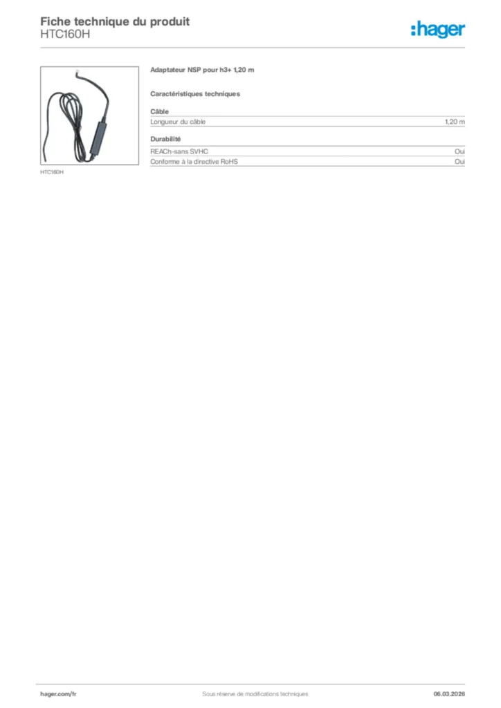 Image Hager Fiche technique du produit HTC160H | Hager France