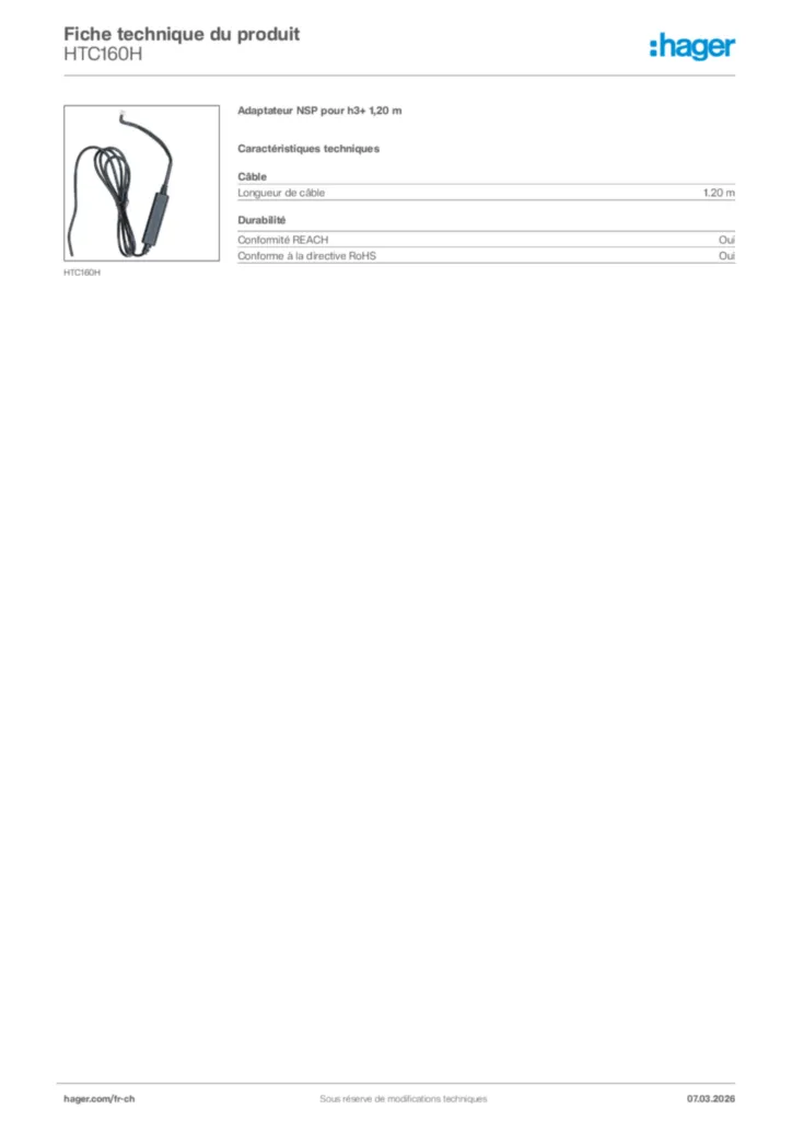 Image Hager Fiche technique du produit HTC160H | Hager Suisse