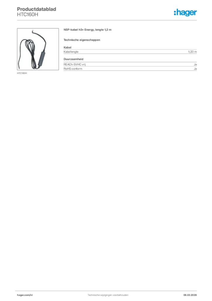 Afbeelding Hager Productdatablad HTC160H | Hager Nederland