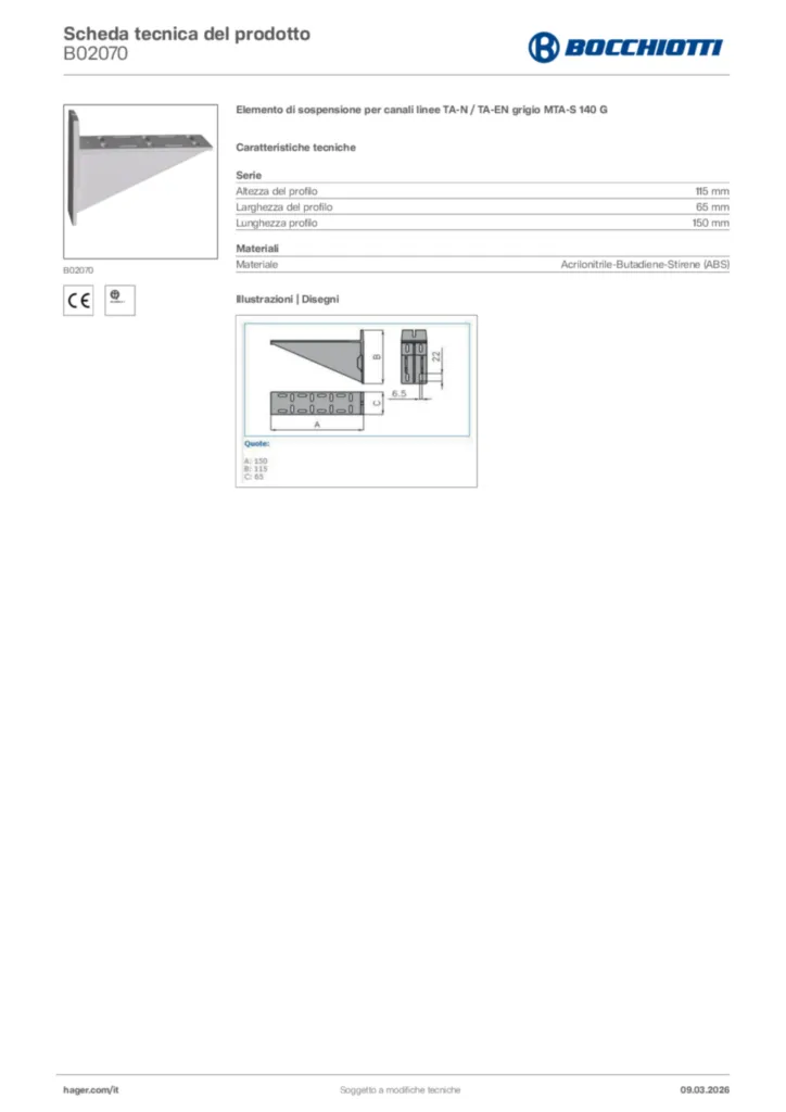 Immagine Bocchiotti Scheda tecnica del prodotto B02070 | Hager Italia