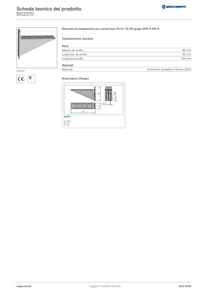 Immagine Bocchiotti Scheda tecnica del prodotto B02070 | Hager Italia