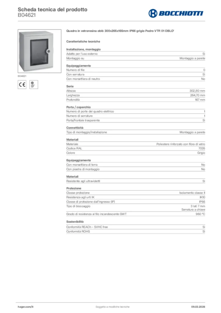 Immagine Bocchiotti Scheda tecnica del prodotto B04621 | Hager Italia