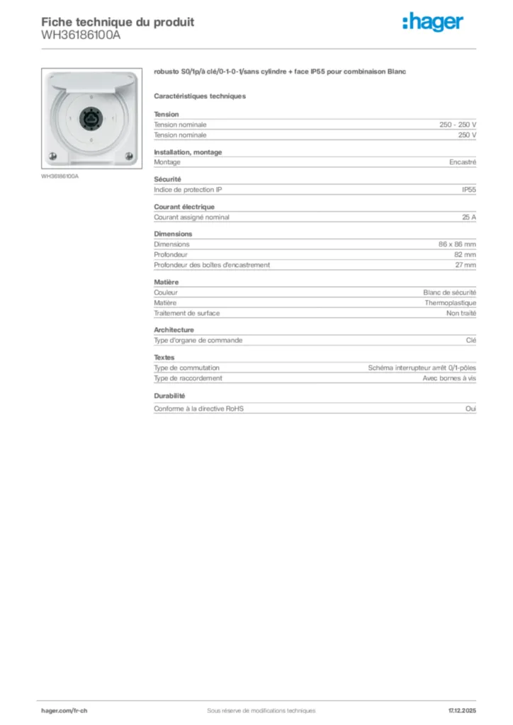 Image Hager Fiche technique du produit WH36186100A | Hager Suisse