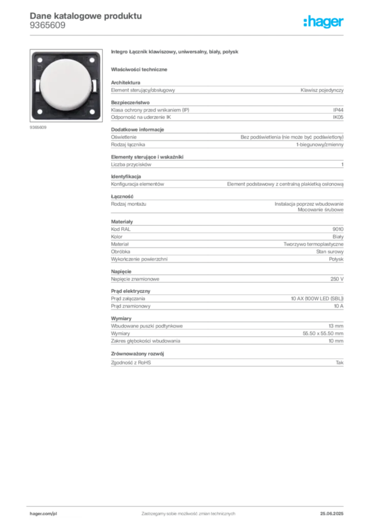 Zdjęcie Hager Karta katalogowa 9365609 | Hager Polska