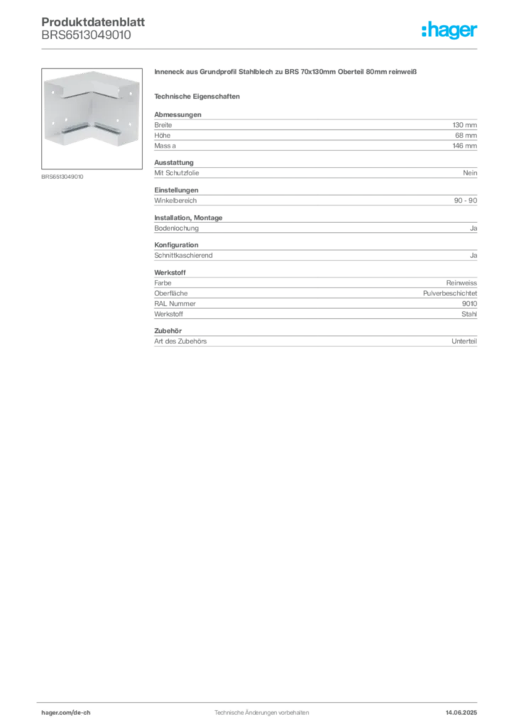 Bild Hager Produktdatenblatt BRS6513049010 | Hager Schweiz