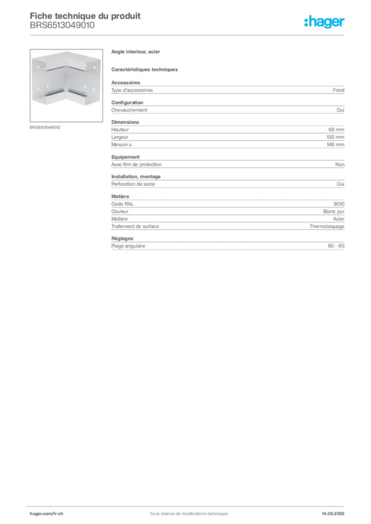 Image Hager Fiche technique du produit BRS6513049010 | Hager Suisse